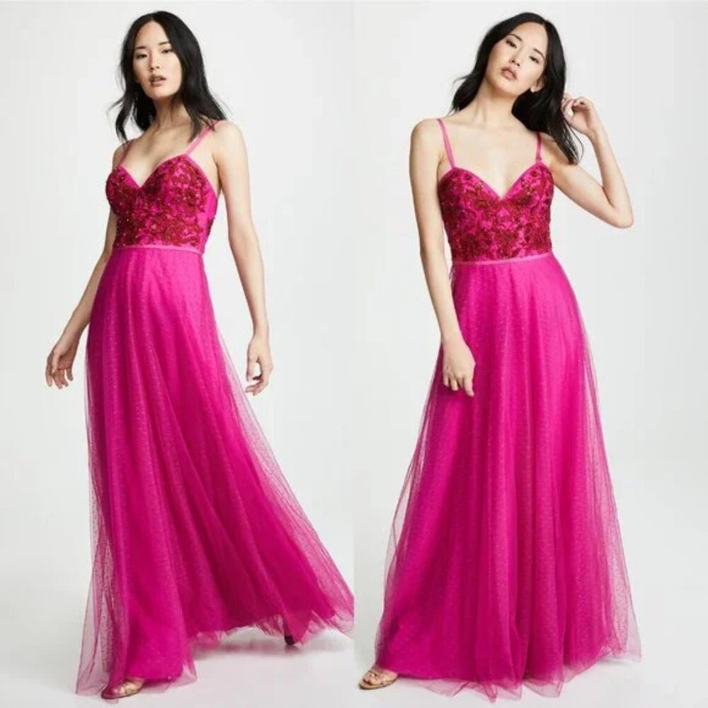 MARCHESA NOTTE DRESS FUCHSIA EMBROIDERED BEADED w TULLE SKIRT GOWN $1,295 sz 12